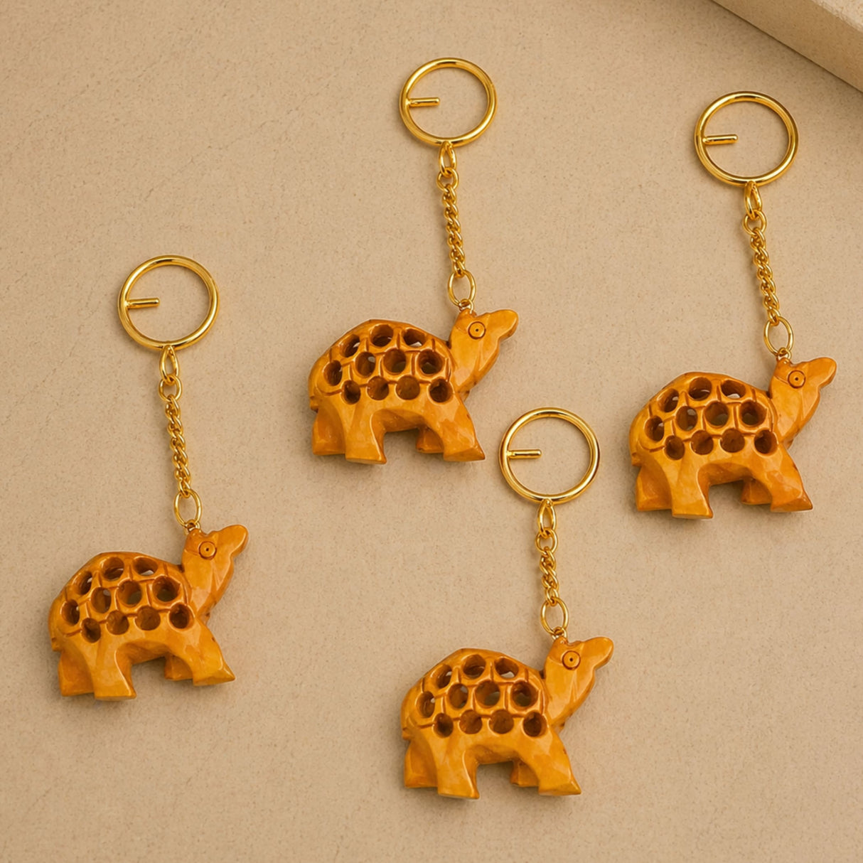 Golden tortoise wooden keychains with intricate carved shells and polished metal chains for thanksgiving key holder set