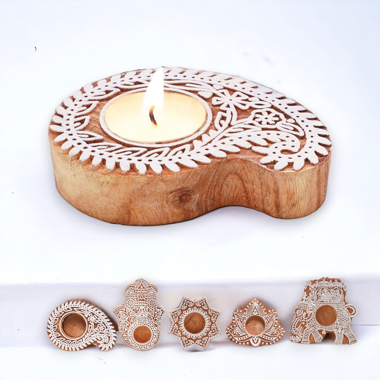 Wooden block print tea light candle holders for diwali