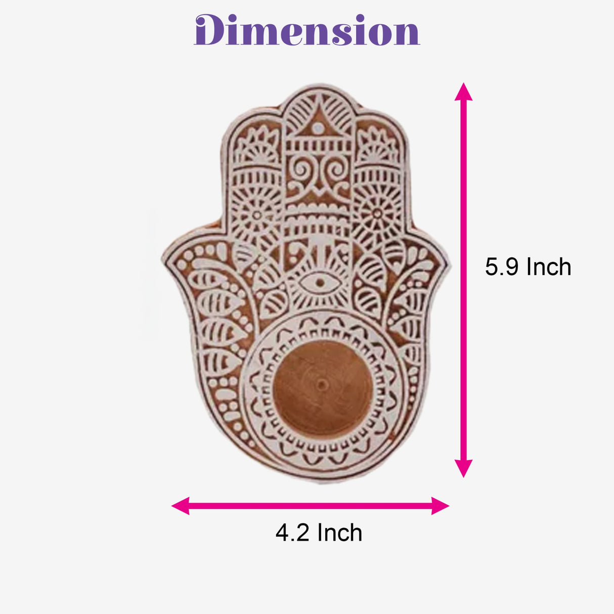 Handcrafted brown and white wooden hamsa hand tea light candle holder with intricate carvings for festive home decor