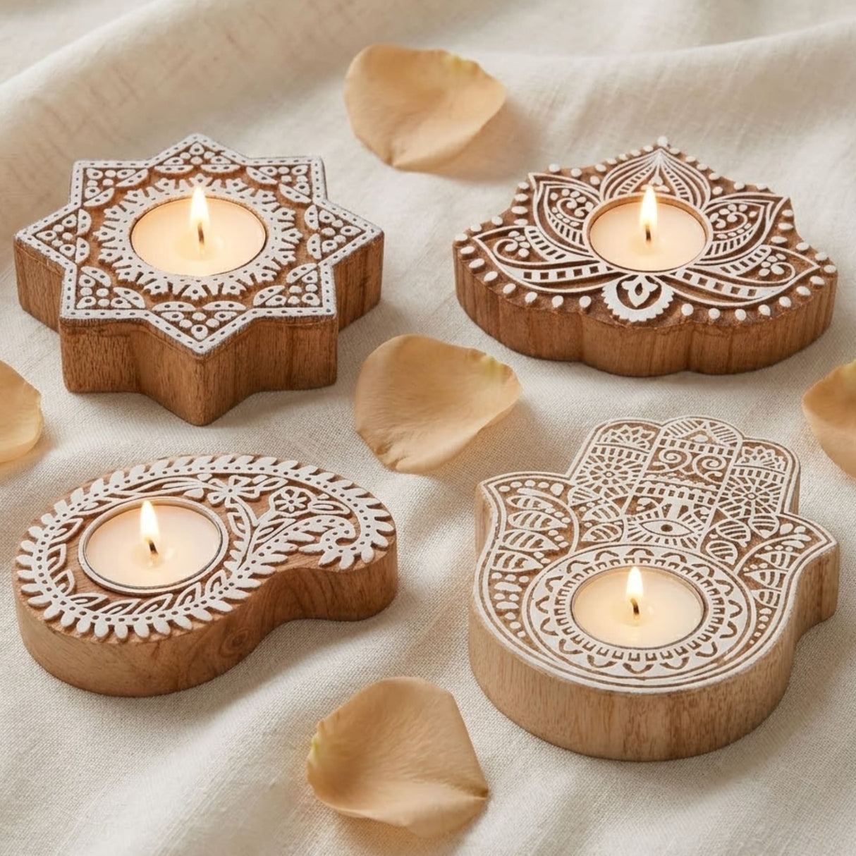 Wooden block print tea light candle holders with intricate white carved star lotus paisley and hand designs for diwali decor
