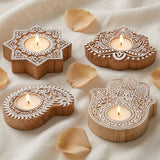 Wooden block print tea light candle holders with intricate white carved star lotus paisley and hand designs for diwali decor