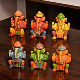 Set of 6 wooden musician ganesha design statue hand painted