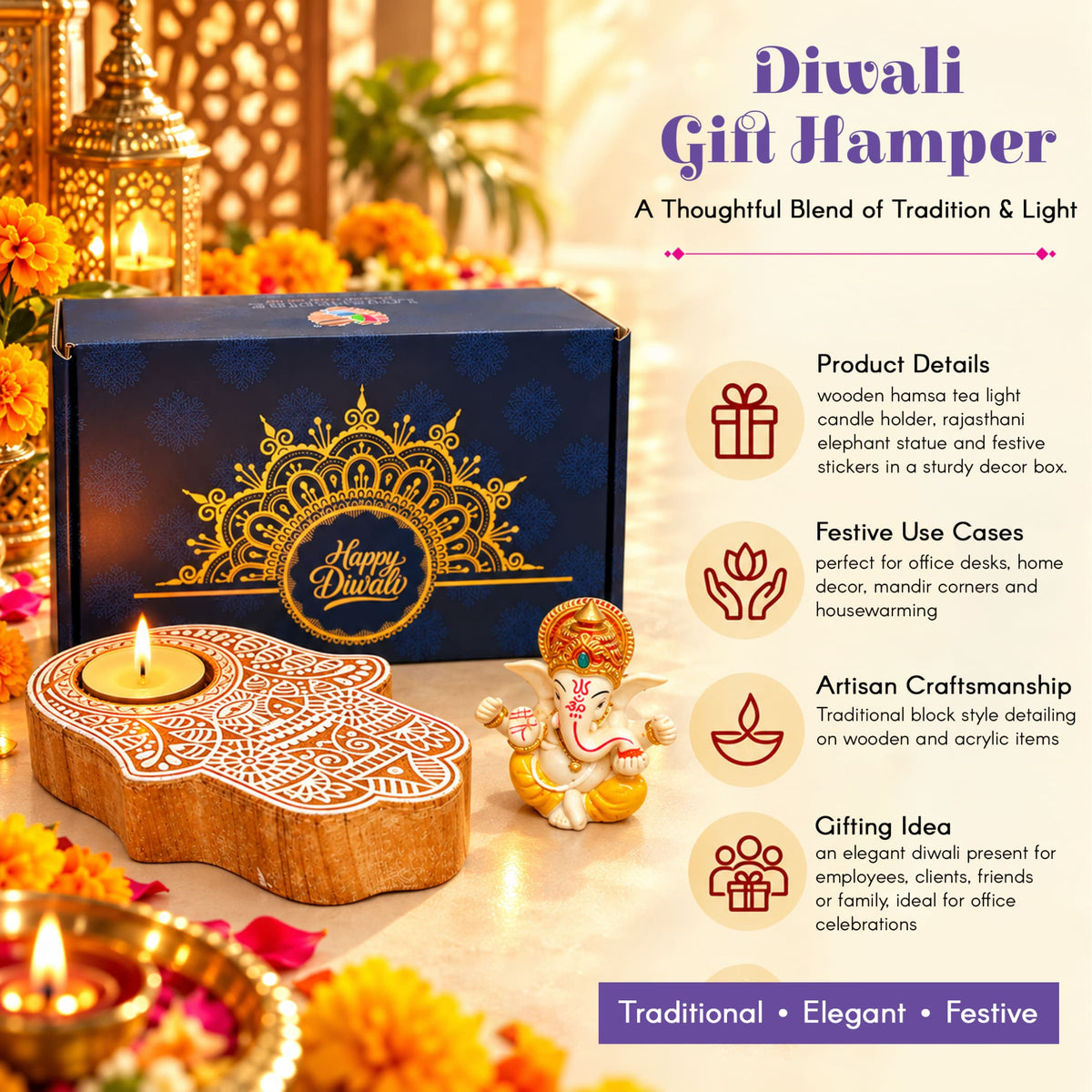 Wooden hamsa tea light candle holder with intricate golden mandala design for diwali gift hamper and festive celebrations