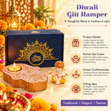 Wooden hamsa tea light candle holder with intricate golden mandala design for diwali gift hamper and festive celebrations