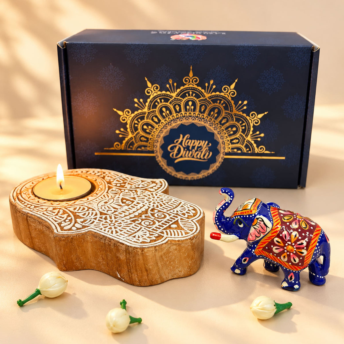 Hand-carved wooden hamsa tea light candle holder with intricate white lace patterns and lit tealight for diwali gift hamper