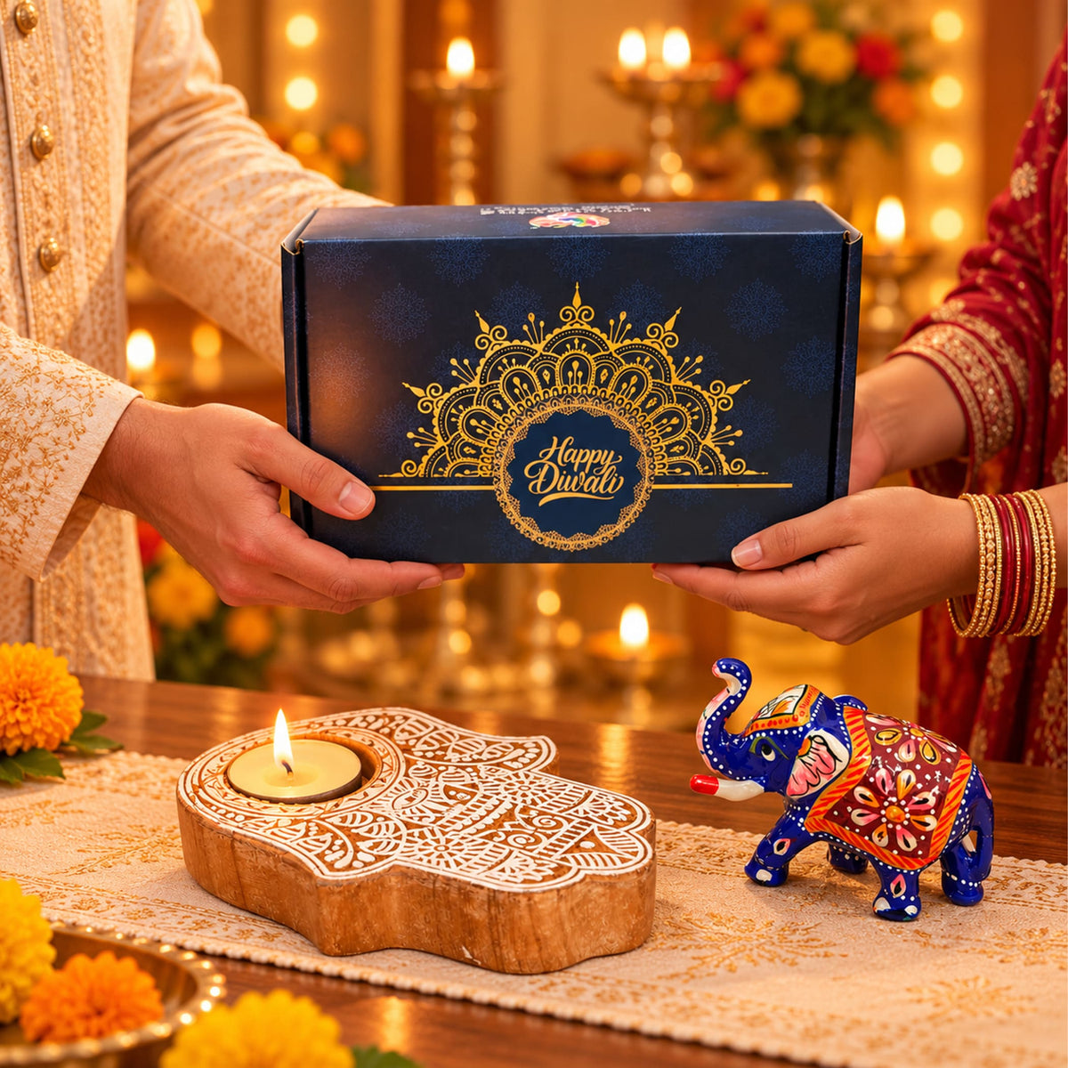 Deep blue diwali gift box with intricate gold mandala design and happy diwali inscription for festive celebrations