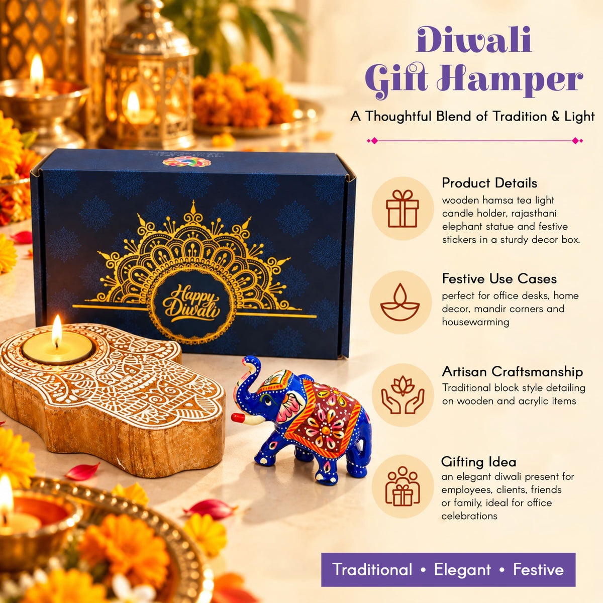 Wooden hand-shaped tea light candle holder with intricate gold mandala design in festive Diwali gift hamper