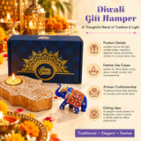 Wooden hand-shaped tea light candle holder with intricate gold mandala design in festive Diwali gift hamper