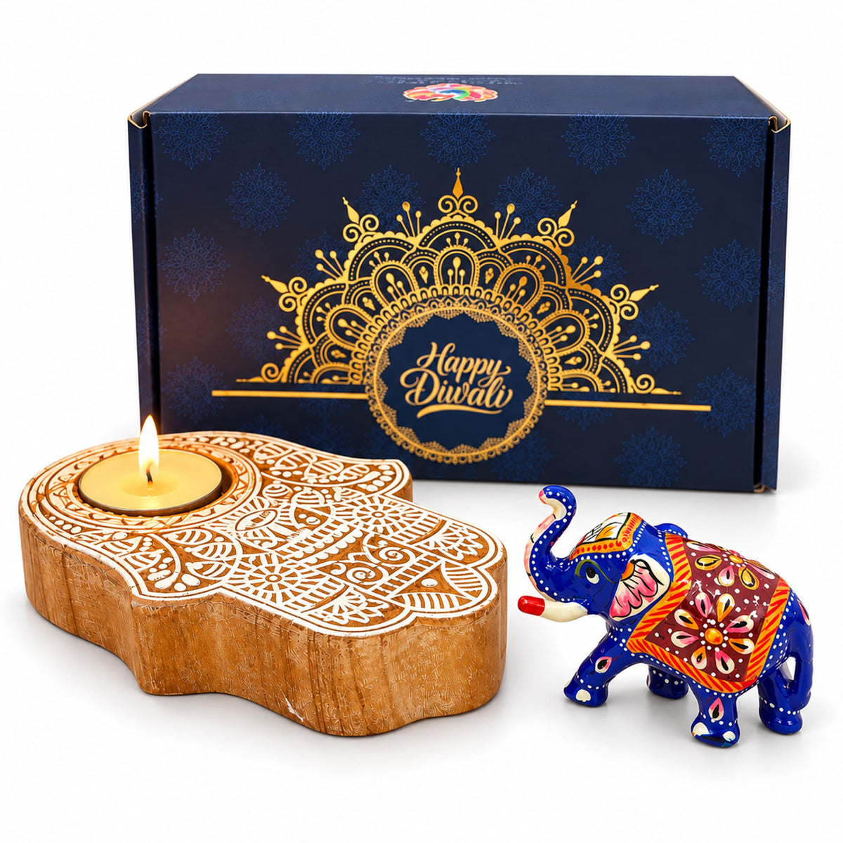 Hand-carved wooden diya with intricate white lace patterns and lit candle for Diwali gift hamper celebrations