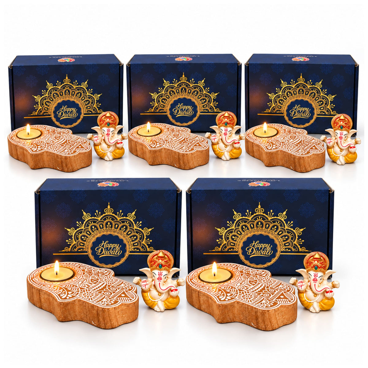 Wooden hand-shaped tealight holders with golden lace designs and matching ganesha figurines diwali gift hamper