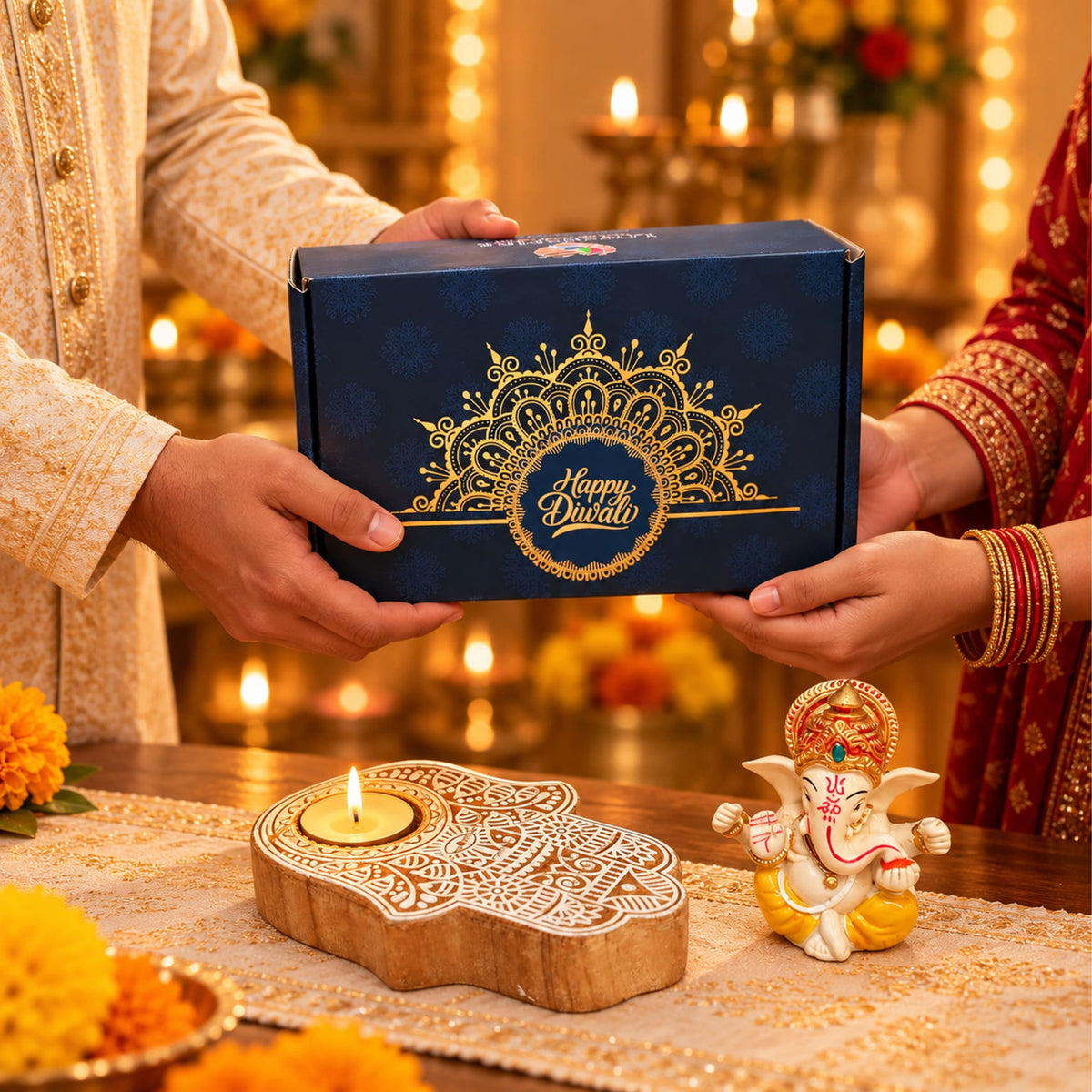 Deep blue diwali gift hamper box with intricate gold mandala design and happy diwali inscription for festive celebrations