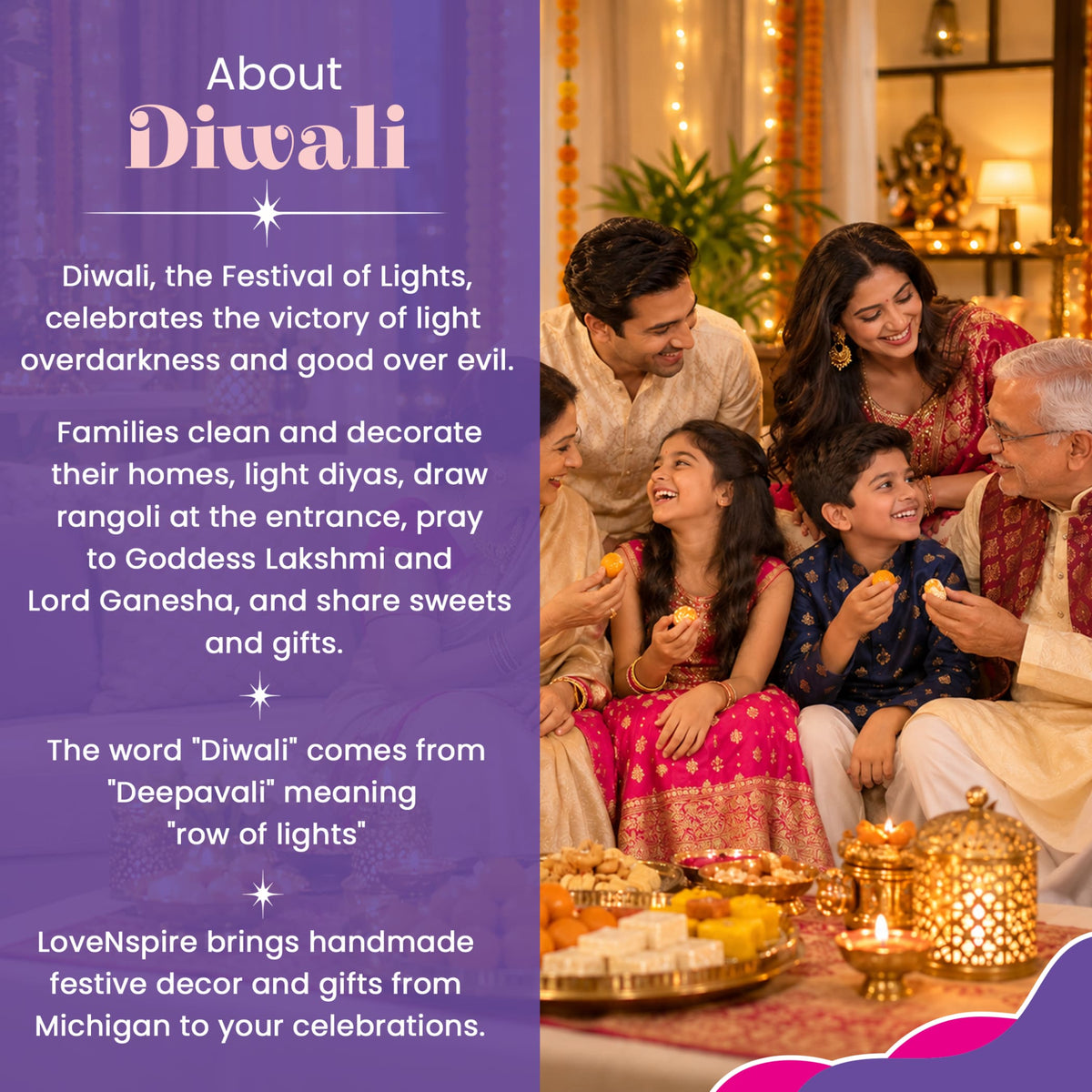 Gold-colored intricately patterned diya with a lit candle in a wooden hamsa tea light holder for diwali gift hamper