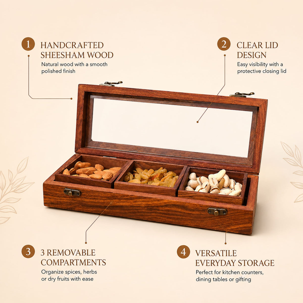 Wooden indian spice box organizer made of handcrafted sheesham wood with clear lid and three removable compartments for dry fruits storage