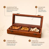 Wooden indian spice box organizer made of handcrafted sheesham wood with clear lid and three removable compartments for dry fruits storage