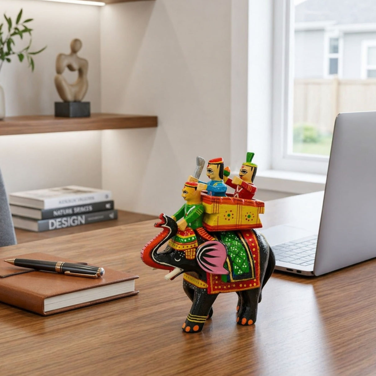 Hand-painted wooden Kondapalli Maharaja Ambari elephant with red green gold patterns and three colorful miniature riders