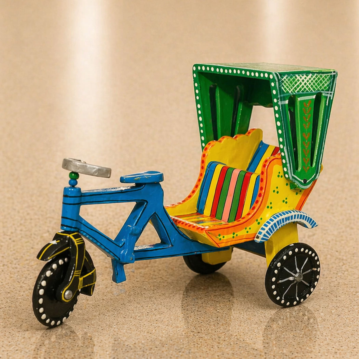 Wooden rikshaw cycle kondapalli handpainted metal toy with blue frame green canopy and yellow seat for home decor