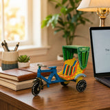 Wooden rikshaw cycle kondapalli handpainted metal model with blue frame yellow striped seat and green dotted canopy for decor