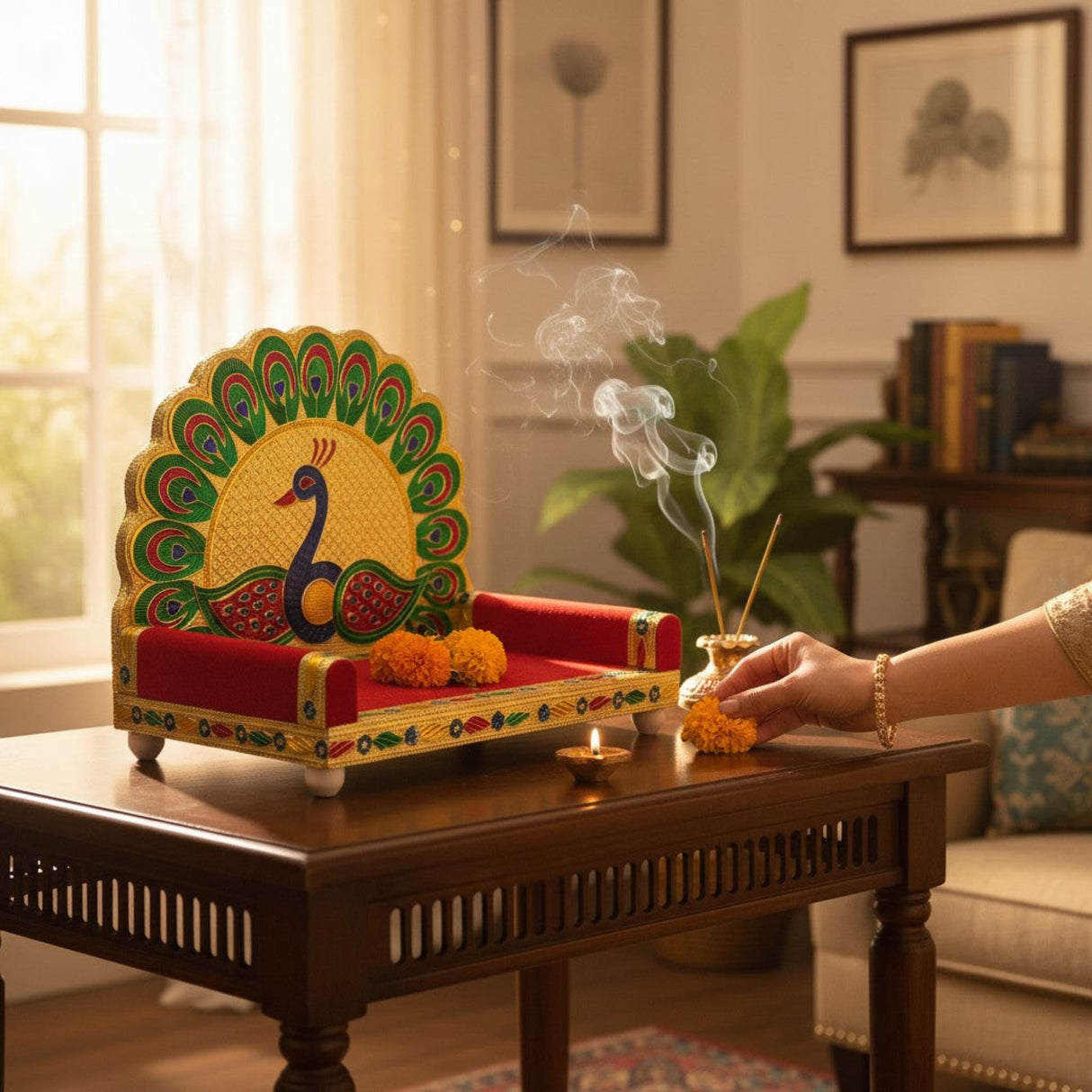 Wooden laddu gopal sinhasan with vibrant peacock design red cushioning and gold-trimmed edges for pooja mandir