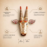 Wooden cow nandi wall hanging bull head with hand-carved geometric patterns in red brown and cream for boho decor