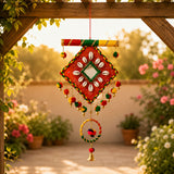 Wooden rajasthani wall hanging tapestry with vibrant red green embroidery mirror beads pom-poms and bells for home decor
