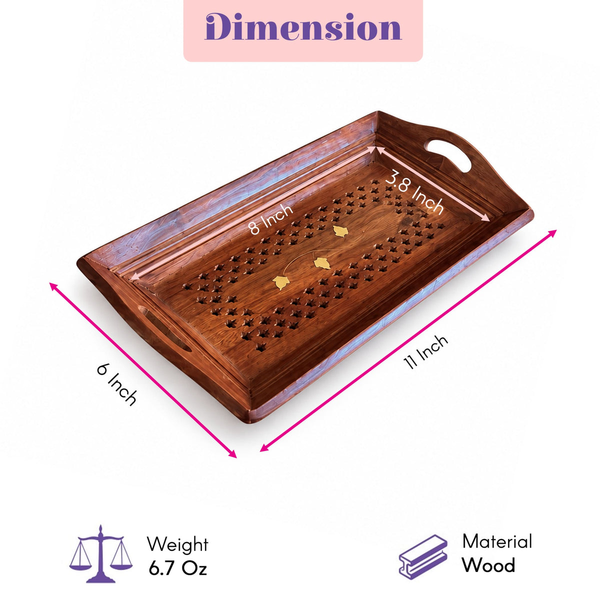 A rectangular wooden serving tray with rich brown finish carved leaf patterns and handles for easy carrying