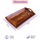 A rectangular wooden serving tray with rich brown finish carved leaf patterns and handles for easy carrying