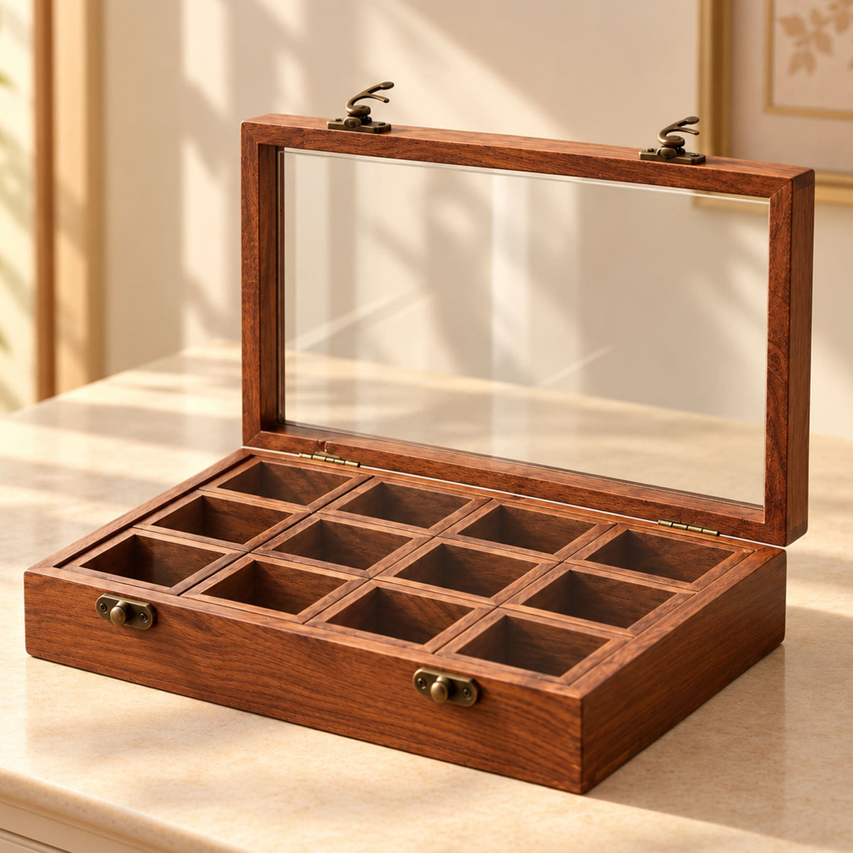 Warm brown wooden indian spice box organizer with clear glass lid, brass hardware, and 12 square compartments