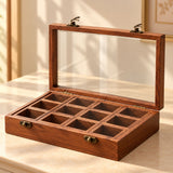 Warm brown wooden indian spice box organizer with clear glass lid, brass hardware, and 12 square compartments