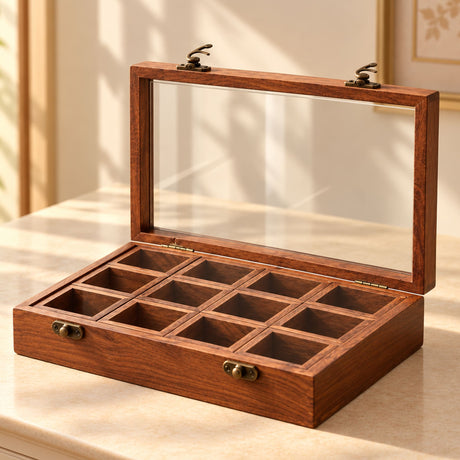 Warm brown wooden indian spice box organizer with clear glass lid, brass hardware, and 12 square compartments