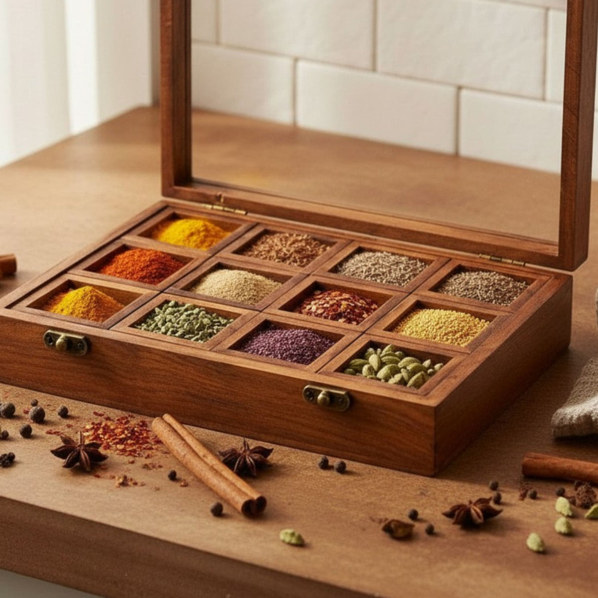 Wooden indian spice box organizer with clear glass lid divided into nine compartments holding colorful spices and seeds