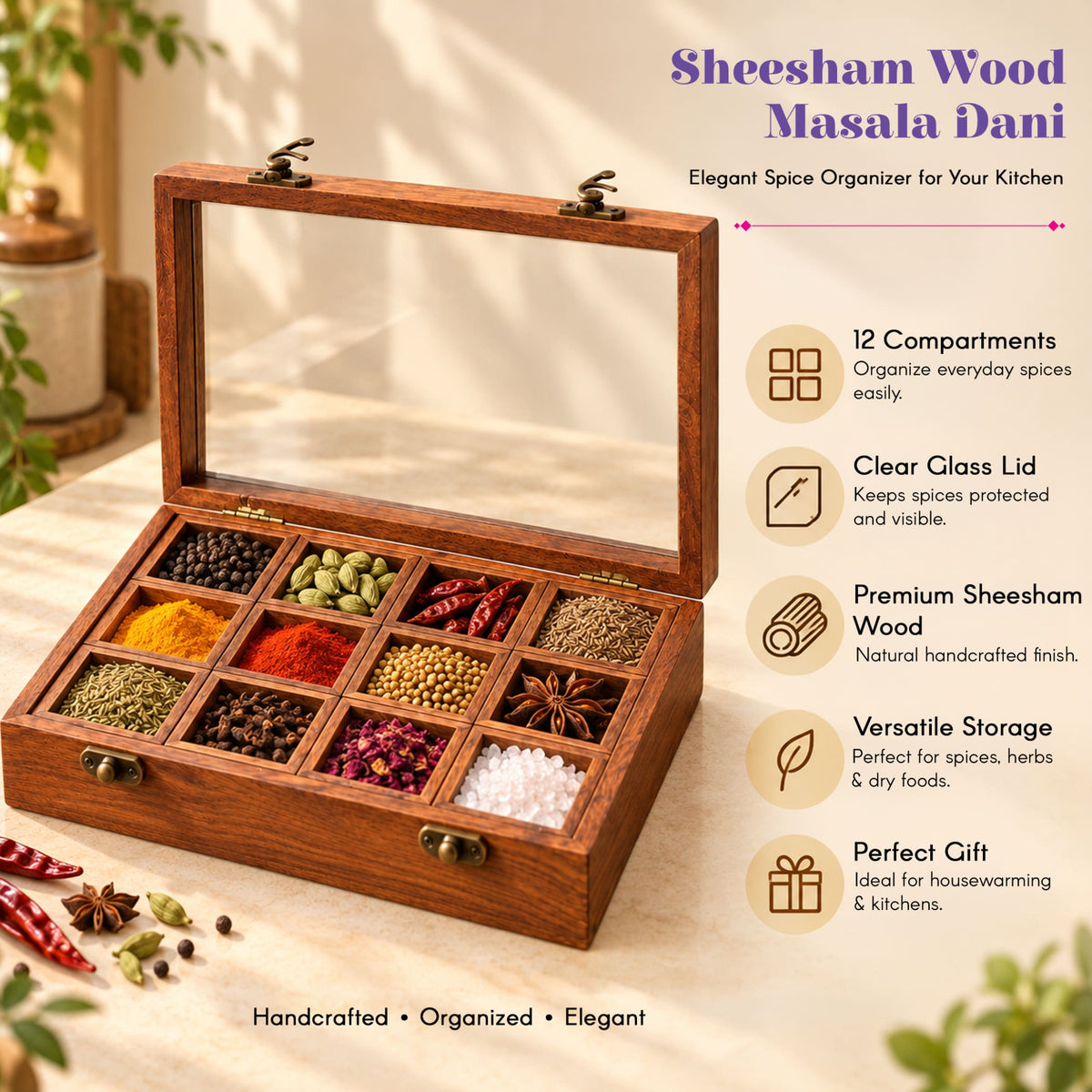 Elegant wooden Indian spice box organizer with clear glass lid and 12 compartments made from premium sheesham wood
