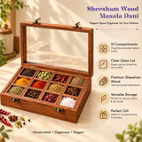 Elegant wooden Indian spice box organizer with clear glass lid and 12 compartments made from premium sheesham wood
