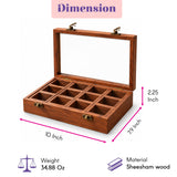 Wooden indian spice box organizer made of sheesham wood with a glass lid and brass hardware for kitchen storage