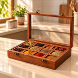 Wooden indian spice box organizer with clear lid and metal clasps divided into nine compartments with colorful spices