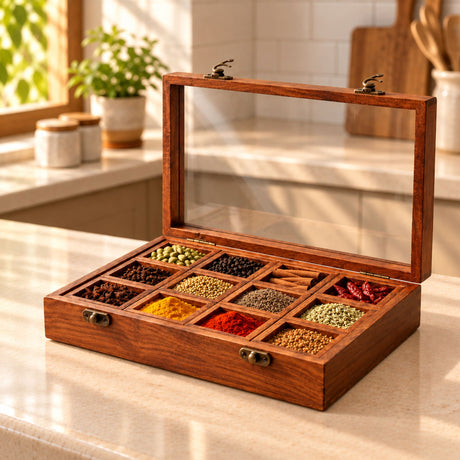 Wooden indian spice box organizer with clear lid and metal clasps divided into nine compartments with colorful spices