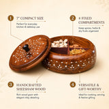 Handcrafted sheesham wood round spice box organizer with elegant white inlay work and four compartments for kitchen use