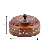 Round wooden Indian spice box organizer 7 inch with dark brown inlay lid and black knob for herbs and dry fruits storage