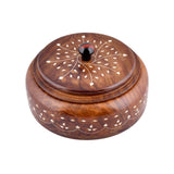 Handcrafted round wooden Indian spice box organizer with rich brown finish, white inlay patterns, and black red knob