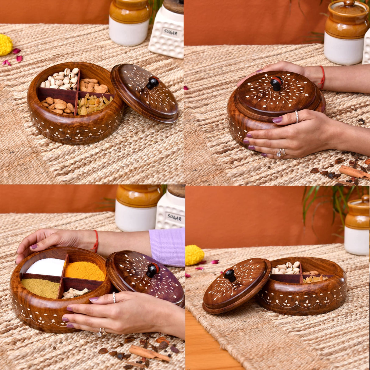 Handcrafted round wooden indian spice box organizer with rich brown finish, white inlay patterns, and black knob closure