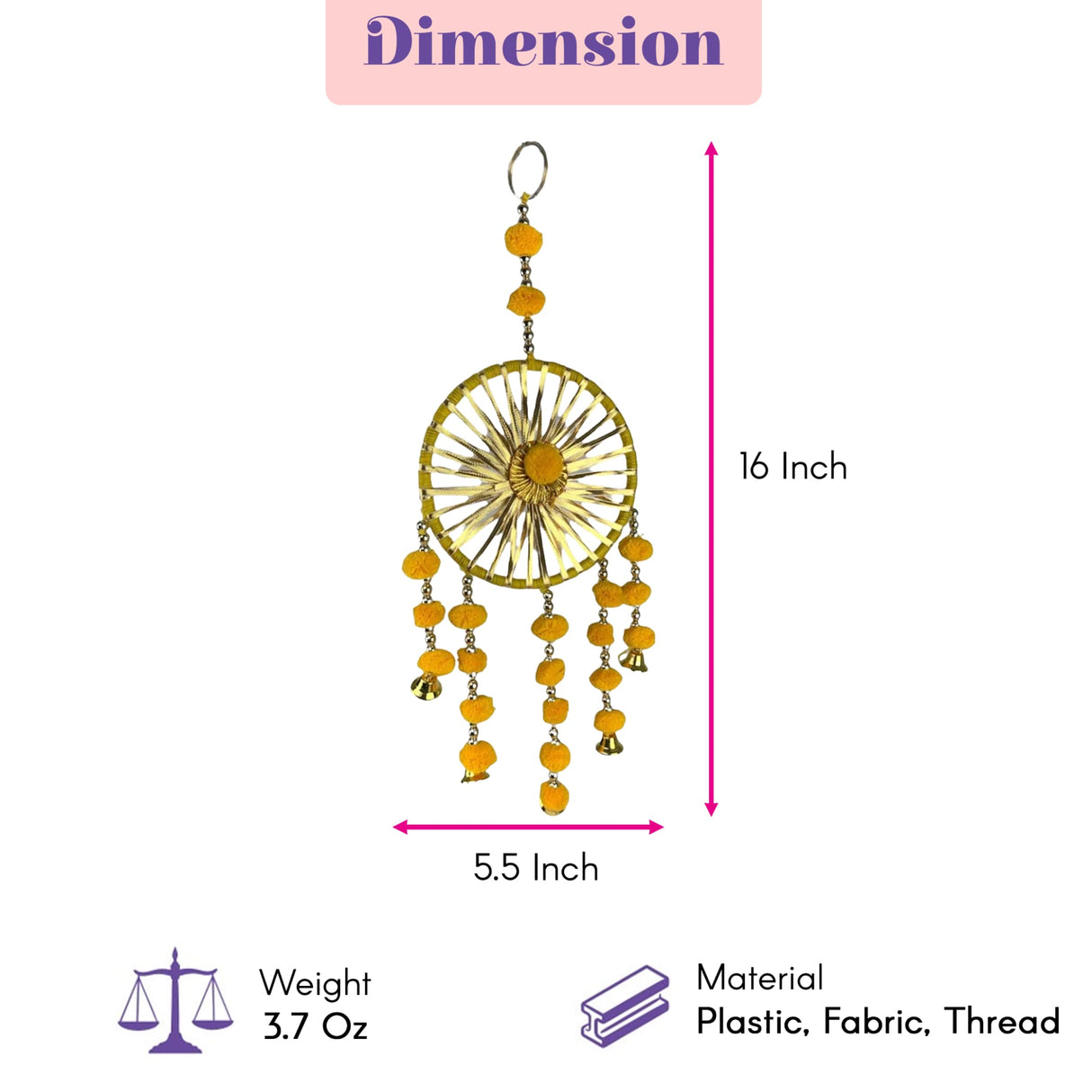 A 16-inch tall golden dreamcatcher with orange beads and bells made of plastic fabric and thread for home decor