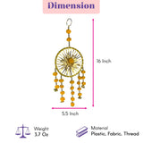 A 16-inch tall golden dreamcatcher with orange beads and bells made of plastic fabric and thread for home decor