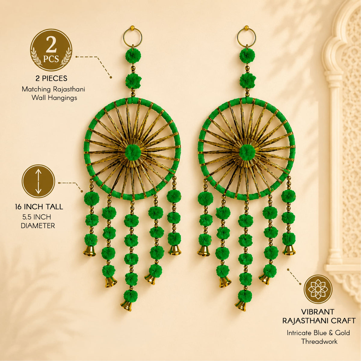 Vibrant green and gold woollen stuffed rajasthani ring wall hanging with threadwork pom-poms and bells for home decor