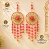 Pink and gold rajasthani ring wall hanging set with woollen stuffing intricate threadwork pom-poms and bells for decor