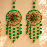 Green dreamcatcher ring wall hanging with gold metal frame and woollen floral pom-poms rajasthani handicraft set of 2