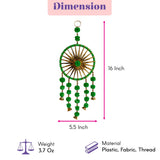 A vibrant green and gold woollen stuffed dreamcatcher with beads and bells from rajasthani handicraft set of 2