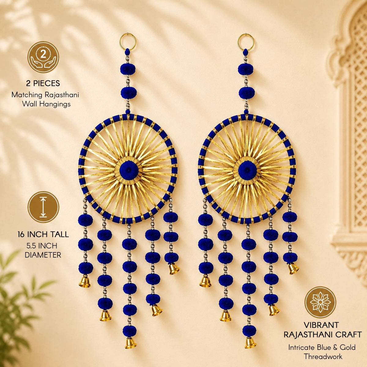 Ring wall hanging set of 2 with vibrant blue and gold woollen stuffed rajasthani sunburst designs and pom-poms