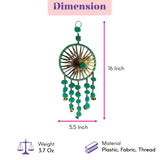 A 16-inch tall circular green and gold woollen stuffed dream catcher with turquoise beads for home decor
