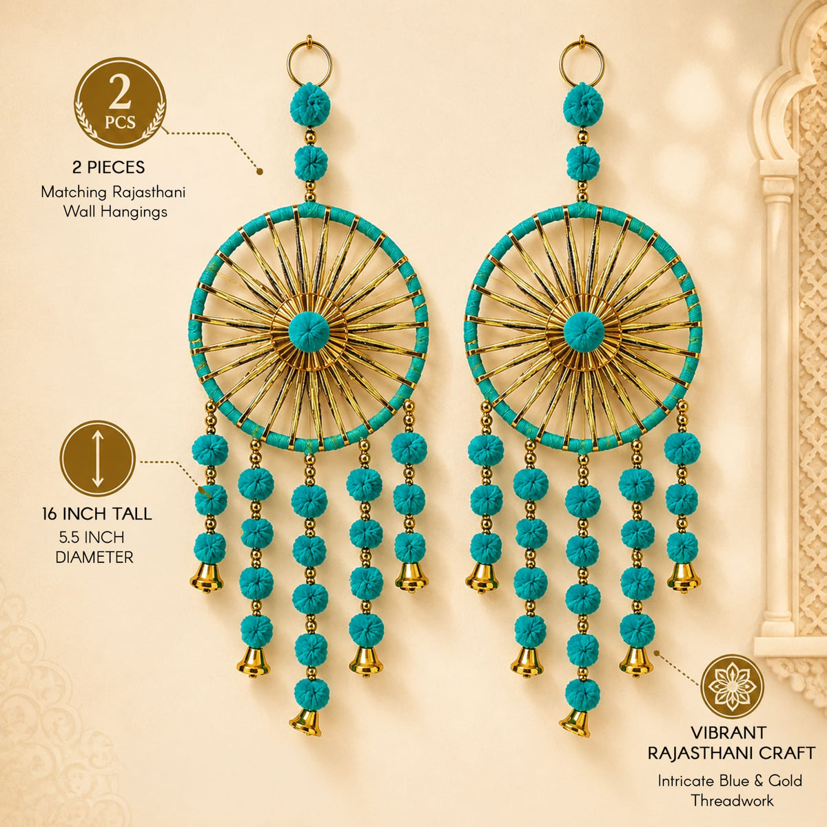 Vibrant turquoise and gold rajasthani woollen threadwork ring wall hanging with intricate circular designs and pom-poms for decor