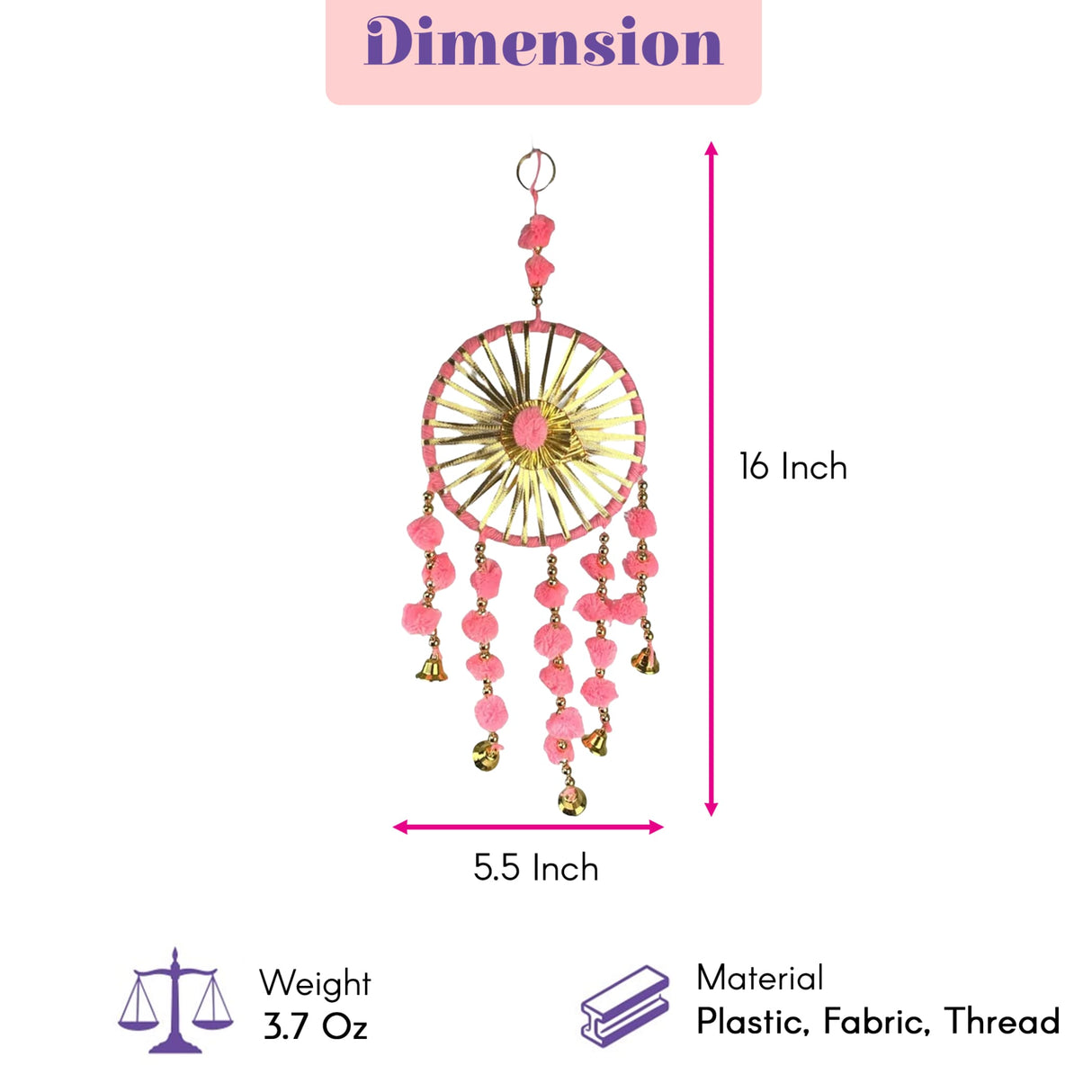 A pink and gold 16-inch woollen stuffed rajasthani traditional dreamcatcher with pom-poms bells and floral design