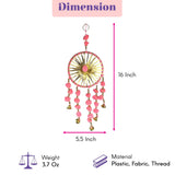 A pink and gold 16-inch woollen stuffed rajasthani traditional dreamcatcher with pom-poms bells and floral design